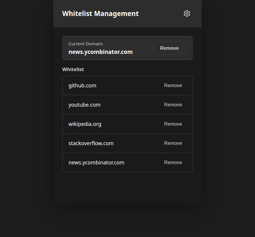 Open In New Tab extension popup in dark mode, with news.ycombinator.com added to the whitelist